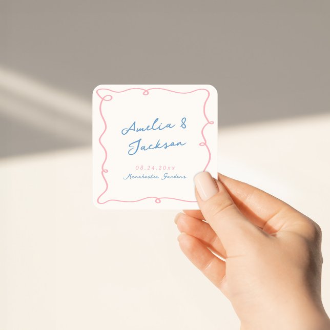 Whimsical Hand Drawn Pink & Blue Wedding Square Sticker (Creator Uploaded)