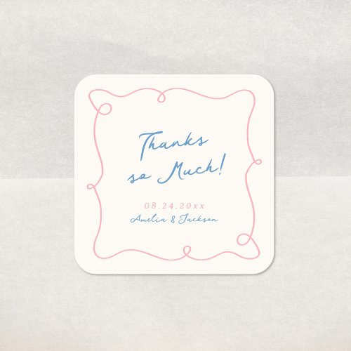 Whimsical Hand Drawn Pink  Blue Wedding Thank You Square Sticker