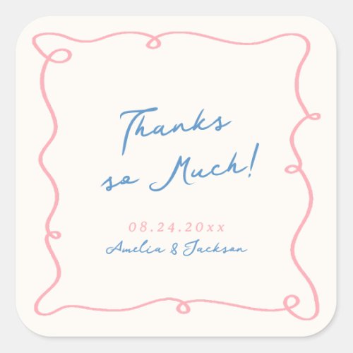 Whimsical Hand Drawn Pink  Blue Wedding Thank You Square Sticker