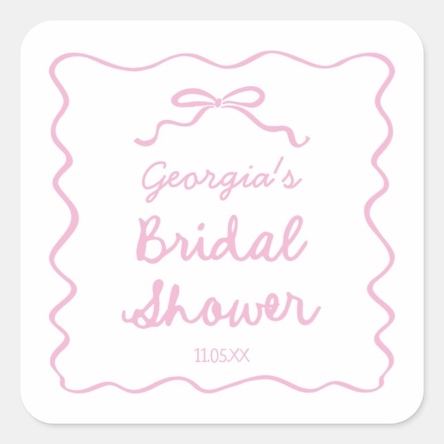 Whimsical Hand Drawn Pink Bow Bridal Shower Square Sticker (Front)