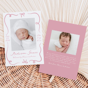 Whimsical Hand-Drawn Pink Bows 2 Photo Birth Announcement