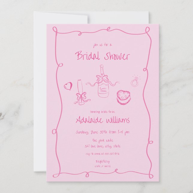 Whimsical Hand Drawn Pink Bridal Shower Invitation (Front)