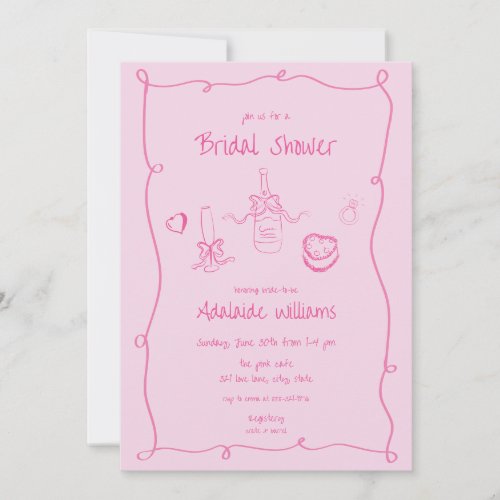 Whimsical Hand Drawn Pink Bridal Shower Invitation