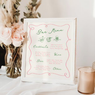 Whimsical Hand Drawn Pink & Green Bar Menu Poster