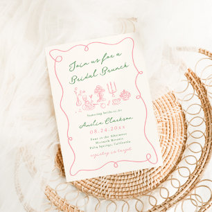 Whimsical Hand Drawn Pink & Green Bridal Brunch Invitation
