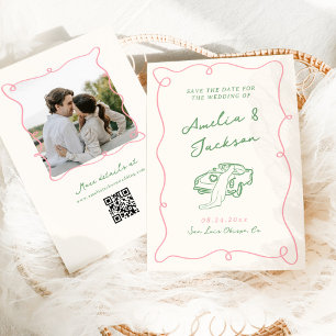 Whimsical Hand Drawn Pink & Green Save the Date Invitation