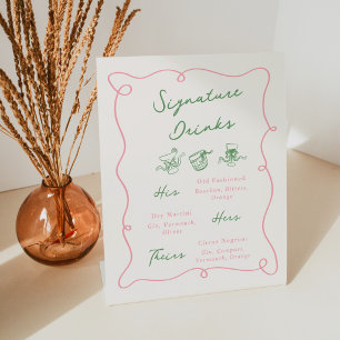 Whimsical Hand Drawn Pink & Green Signature Drinks Pedestal Sign