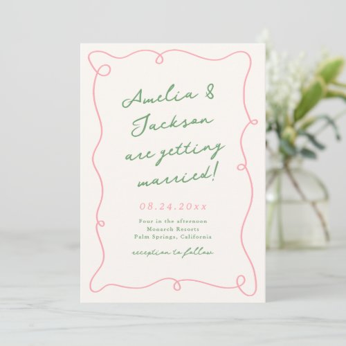 Whimsical Hand Drawn Pink  Green Wedding Details Invitation