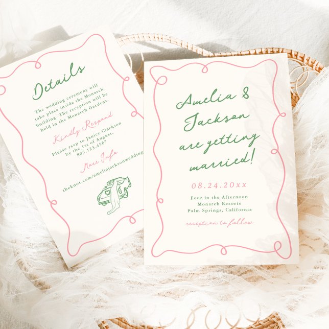 Whimsical Hand Drawn Pink & Green Wedding Details Invitation (Creator Uploaded)