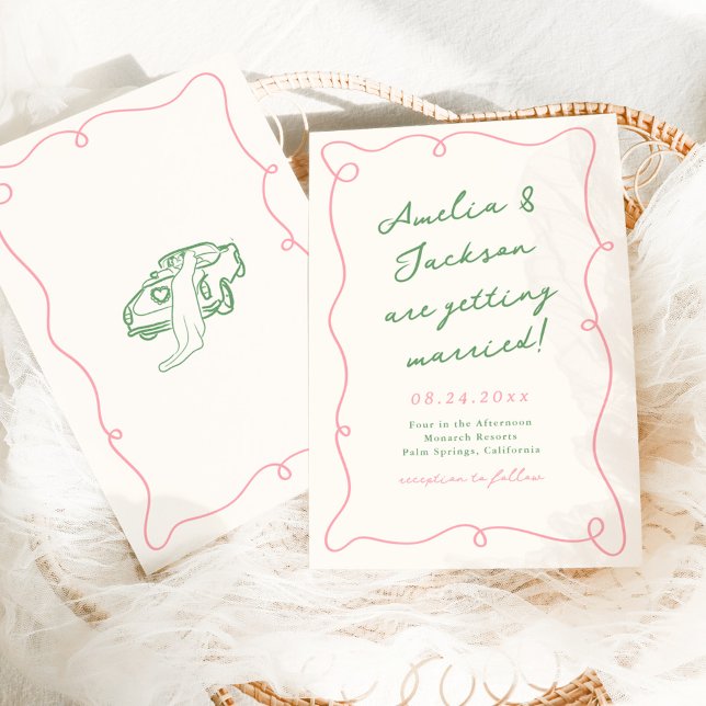 Whimsical Hand Drawn Pink & Green Wedding Invitation (Creator Uploaded)