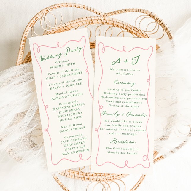Whimsical Hand Drawn Pink & Green Wedding Program (Creator Uploaded)