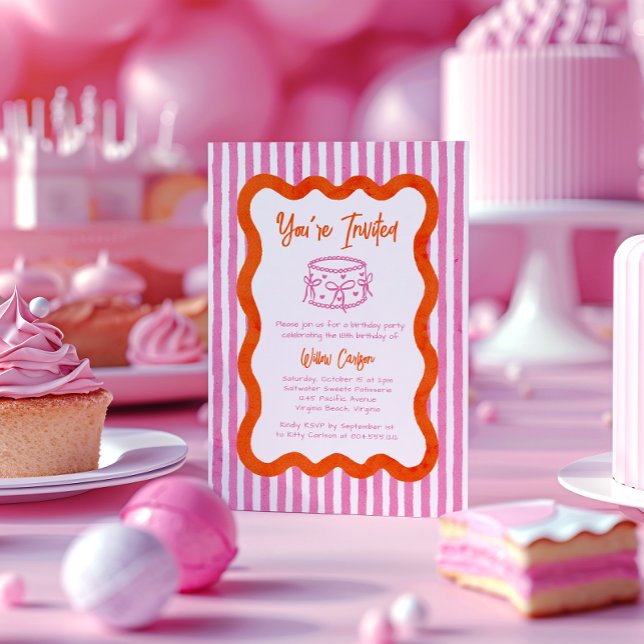 Whimsical Hand Drawn Pink & Orange Birthday  Invitation (Creator Uploaded)