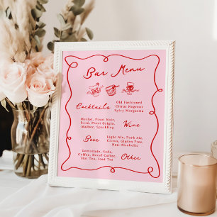 Whimsical Hand Drawn Pink & Red Bar Menu Poster