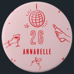 whimsical hand drawn pink red birthday drinks button<br><div class="desc">Pink and red whimsical hand drawn editable birthday drinks cocktail disco ball bow coquette party favor decor button design.</div>