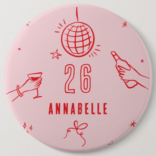 whimsical hand drawn pink red birthday drinks button