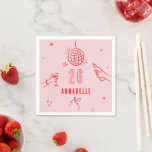 whimsical hand drawn pink red birthday drinks napkins<br><div class="desc">Pink and red whimsical hand drawn editable birthday drinks cocktail disco ball bow coquette party favor decor napkin design.</div>
