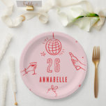 whimsical hand drawn pink red birthday drinks paper plates<br><div class="desc">Pink and red whimsical hand drawn editable birthday drinks cocktail disco ball bow coquette party favor decor paper plate design.</div>