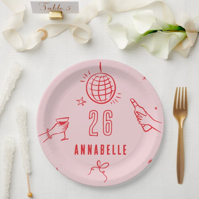whimsical hand drawn pink red birthday drinks paper plates (Wedding)