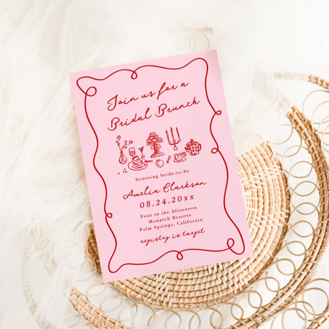 Whimsical Hand Drawn Pink & Red Bridal Brunch Invitation (Creator Uploaded)