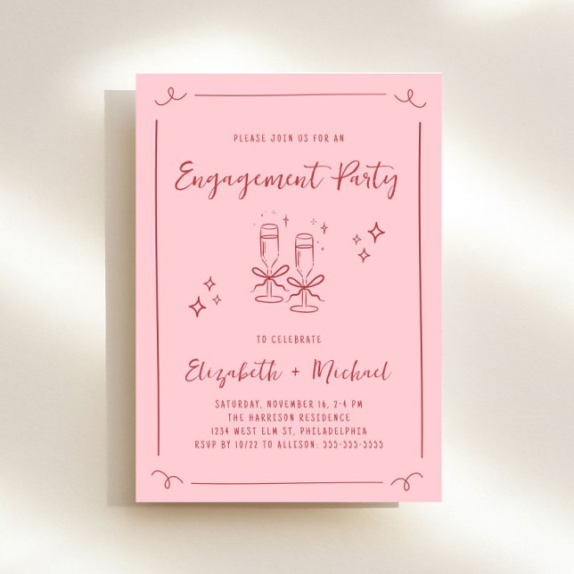 Whimsical Hand Drawn Pink Red Engagement Party Invitation (Whimsical pink + red engagement party invitation to set the tone for an unforgettable event)