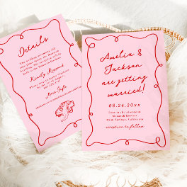 Whimsical Hand Drawn Pink & Red Wedding + Details Invitation