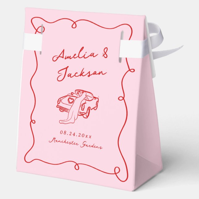 Whimsical Hand Drawn Pink & Red Wedding Favor Boxes (Back)