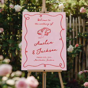 Whimsical Hand Drawn Pink & Red Wedding Foam Board