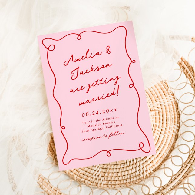 Whimsical Hand Drawn Pink & Red Wedding Invitation (Creator Uploaded)