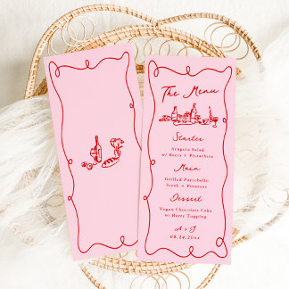 Whimsical Hand Drawn Pink & Red Wedding Menu