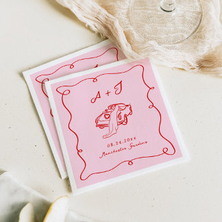 Whimsical Hand Drawn Pink & Red Wedding Napkins