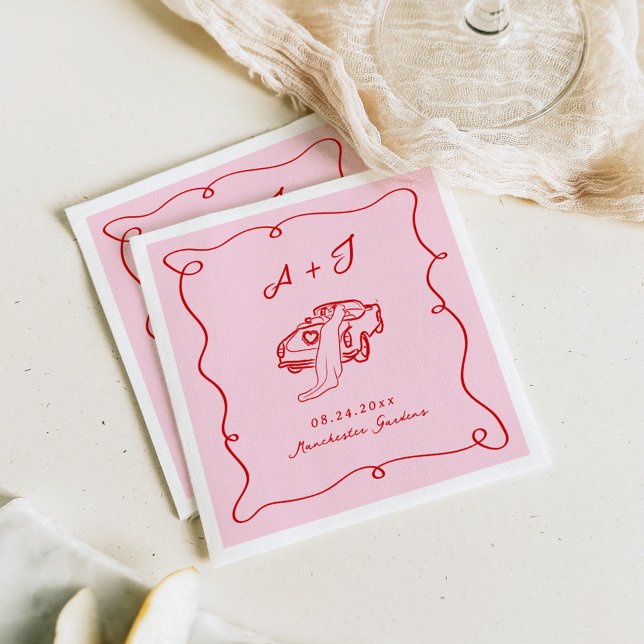 Whimsical Hand Drawn Pink & Red Wedding Napkins (Creator Uploaded)