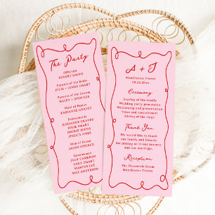 Whimsical Hand Drawn Pink & Red Wedding Program