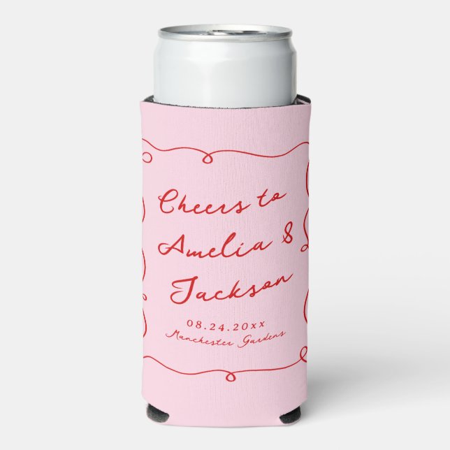 Whimsical Hand Drawn Pink & Red Wedding Seltzer Can Cooler (Seltzer Front)