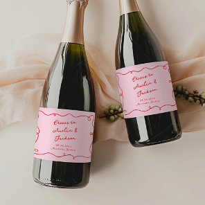Whimsical Hand Drawn Pink & Red Wedding Sparkling Wine Label