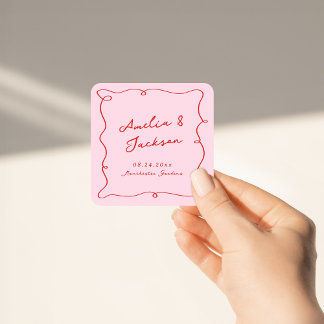 Whimsical Hand Drawn Pink & Red Wedding Square Sticker