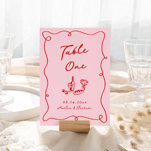 Whimsical Hand Drawn Pink & Red Wedding Table Number