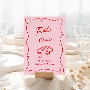 Whimsical Hand Drawn Pink & Red Wedding Table Number