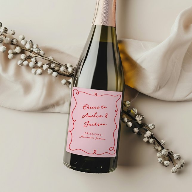 Whimsical Hand Drawn Pink & Red Wedding Wine Label (Creator Uploaded)