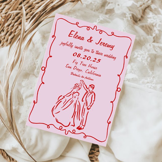 Whimsical Hand Drawn Pink Wedding Invitation (Creator Uploaded)