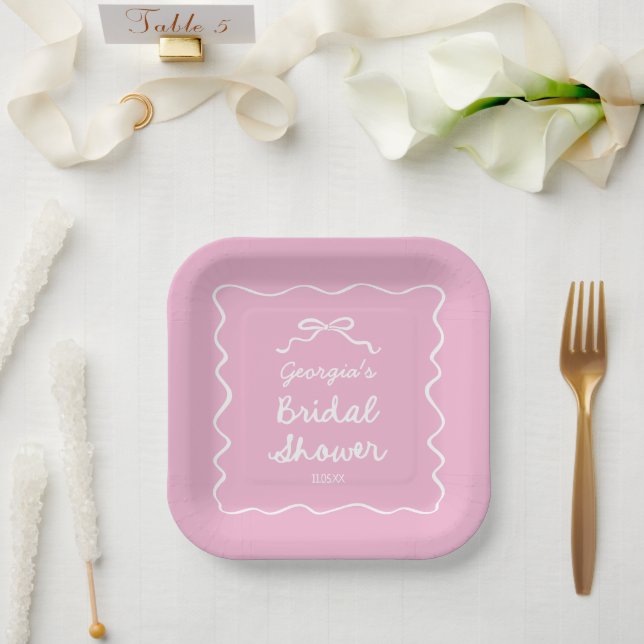 Whimsical Hand Drawn Pink White Bow Bridal Shower Paper Plates (Wedding)