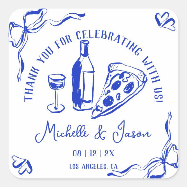 Whimsical Hand Drawn Pizza French Bow Thank You Square Sticker (Front)