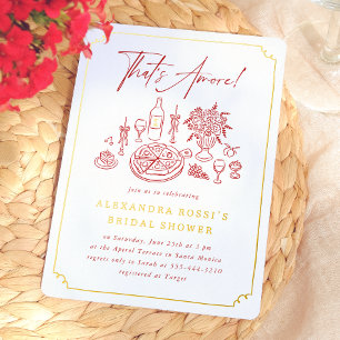 Whimsical Hand Drawn Pizza & Wine Bridal Shower Foil Invitation