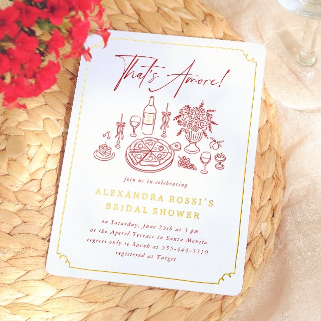 Whimsical Hand Drawn Pizza & Wine Bridal Shower Foil Invitation (Card Front Mock-up)