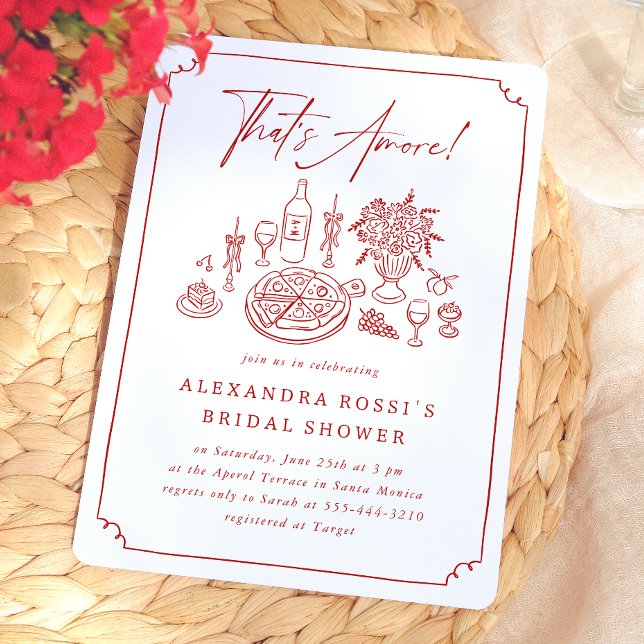 Whimsical Hand Drawn Pizza & Wine Bridal Shower Invitation (Card Front Mock-up)