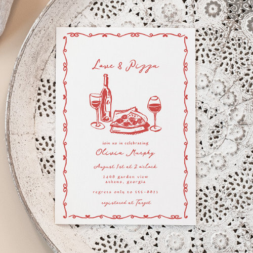 Whimsical Hand Drawn Pizza & Wine Bridal Shower Invitation