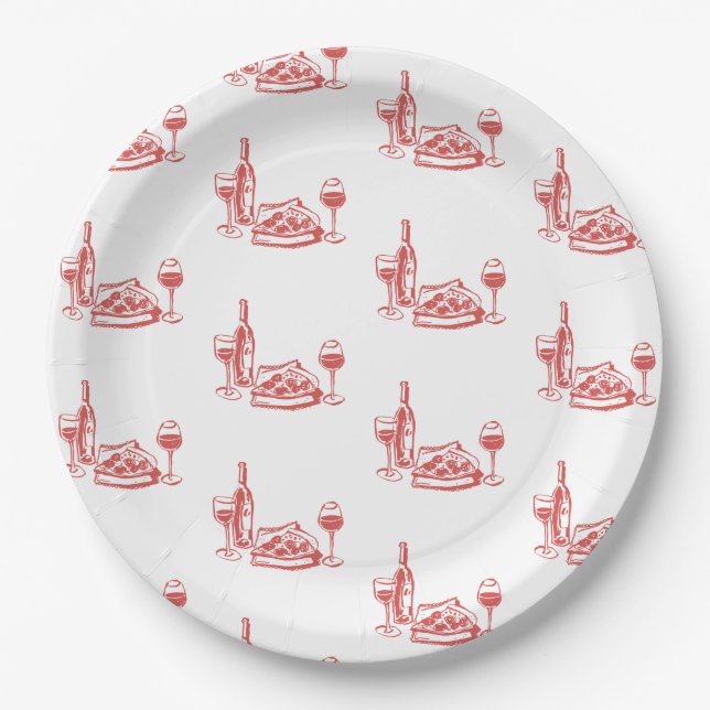 Whimsical Hand Drawn Pizza Wine Bridal Shower Paper Plates (Front)