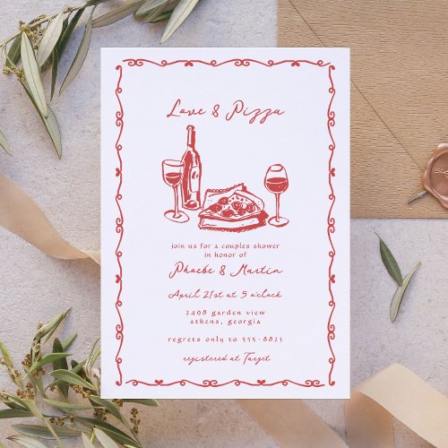 Whimsical Hand Drawn Pizza Wine Couples Shower Invitation