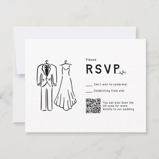 Whimsical Hand Drawn QR Code Black White Wedding RSVP Card (Front)