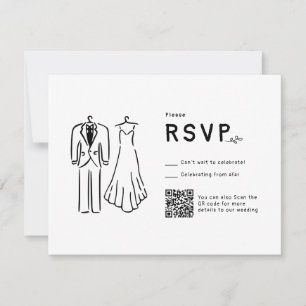 Whimsical Hand Drawn QR Code Black White Wedding RSVP Card