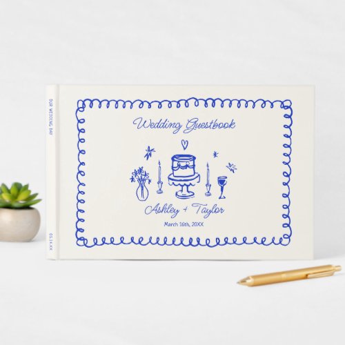 Whimsical Hand Drawn Quirky Blue Wedding Guest Book